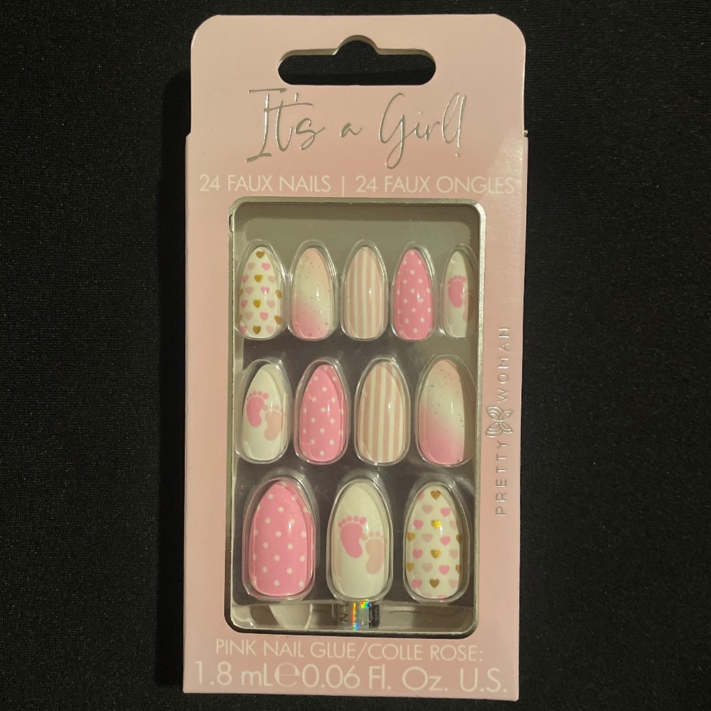 Women’s Fake Nail Set of 24 for Baby Shower Pink & White